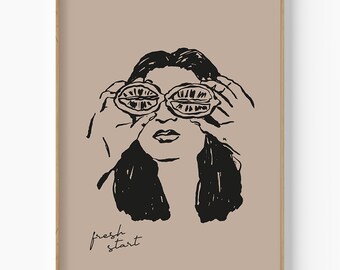 Impresión artística de Mujer con ojos de limón, arte lineal en tinta negra (descarga digital)
