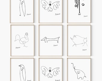 Choose 9 Out of 24 Animals Drawings, Set of 9, Picasso Line Animal Sketch Print, Picasso Wall Art, Minimalist Art, Nursery Animal Art Set,