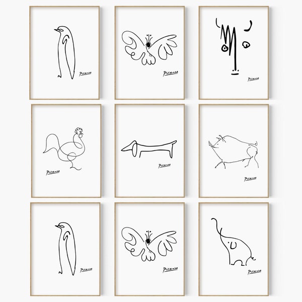 Choisissez 9 dessins d'animaux sur 24, lot de 9, impression de croquis d'animaux au trait Picasso, art mural Picasso, art minimaliste, ensemble d'art animalier pour chambre d'enfant,