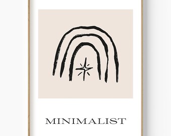 Impresión minimalista de arcoíris en tinta negra, arte de pared bohemio con estrellas (descarga digital)