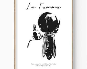 Dibujo a tinta de una mujer con un frasco de perfume, arte lineal minimalista bohemio (descarga digital)