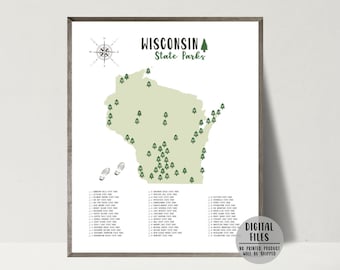 Wisconsin State Parks Map-State Parks Of Wisconsin Map-Wisconsin Parks Checklist-Parks Poster-Wisconsin Print-Hiker Gift-Printable Map