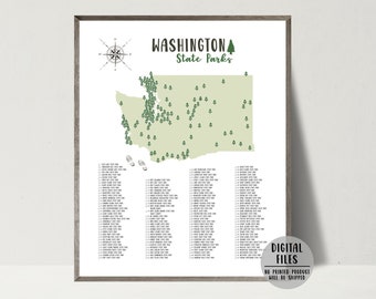 Washington State Parks Map Print-Washington State Parks Checklist-State Parks Of Washington Map Poster-Gift For Hiker-Printable Map