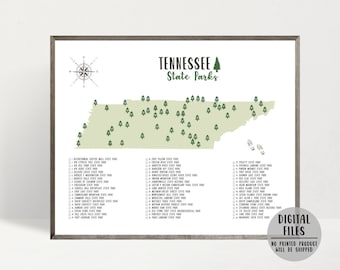 Carte des parcs d'État du Tennessee-Liste de contrôle des parcs d'État du Tennessee-Carte des parcs d'État du Tennessee Impression-affiche-cadeau pour randonneur-carte imprimable