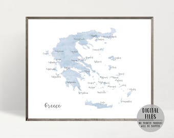 Carte de la Grèce, carte de l'île grecque, impression de la Grèce, carte minimaliste, aquarelle de la carte, cadeau de la Grèce, art mural, cadeau de voyage, carte imprimable