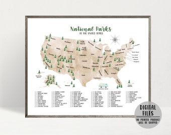 USA National Parks Map-63 National Parks Checklist-US National Parks Print-United States National Parks Poster-Watercolor Map-Printable Map