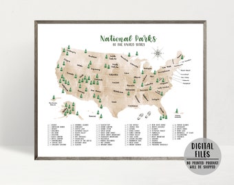 Mapa de Parques Nacionales de EE. UU. - Lista de 63 Parques Nacionales - Póster de Parques Nacionales de EE. UU. - Impresión de Parques Nacionales de EE. UU. - Mapa de acuarela - Mapa imprimible