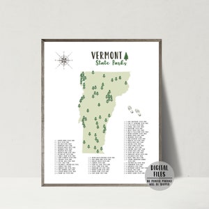 Mapa de los parques estatales de Vermont para imprimir - Lista de verificación de los parques estatales de Vermont - Póster con el mapa de los parques estatales de Vermont - Regalo para excursionistas - Mapa de aventuras - Mapa imprimible
