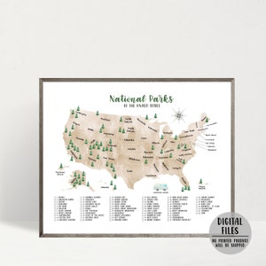 USA National Parks Map-63 National Parks Checklist-US National Parks Print-United States National Parks Poster-Watercolor Map-Printable Map