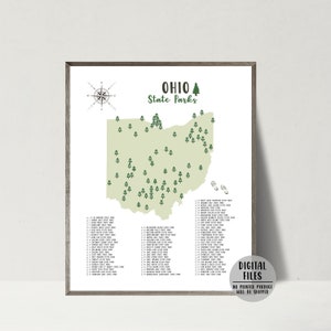 Mapa de parques estatales de Ohio - Lista de verificación de parques estatales de Ohio - Póster de mapa de parques estatales de Ohio - Impresión de mapa de aventuras - Regalo de viaje para excursionistas - Mapa imprimible