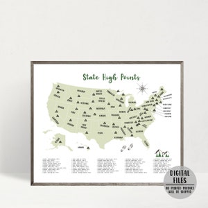 Zustand Höhepunkte Karte-USA Zustand-Peaks-Zustand Höchster Gipfel Karte-50 US Bundesstaaten High Point-State High Points Checkliste-Geschenk für Kletterer-Printable Karte