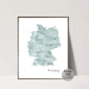 Carte de l'Allemagne, affiche minimaliste, impression de carte, aquarelle, cadeau pour voyageur, carte de l'Allemagne, art mural, cadeau de voyage, carte imprimable