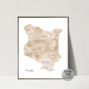 Carte du Kenya, affiche de carte, carte minimaliste, impression de carte aquarelle, carte de l'Afrique, impression d'art mural, cadeau d'aventure pour voyageur, carte imprimable du Kenya