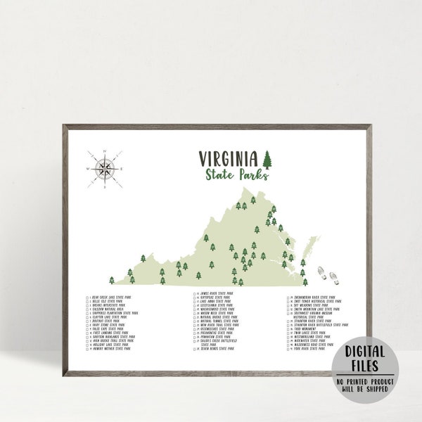 Virginia State Parks Map Print-Virginia State Parks Checklist-State Parks Of Virginia Map Poster-Gift For Hiker-Virginia Print-Printable Map