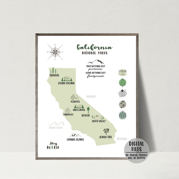 California National Parks Map-California Map Print-California Travel Map-USA National Parks Map Poster-Gift For Hiker-Printable Map