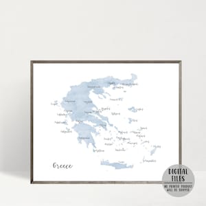 Carte de la Grèce, carte de l'île grecque, impression de la Grèce, carte minimaliste, aquarelle de la carte, cadeau de la Grèce, art mural, cadeau de voyage, carte imprimable