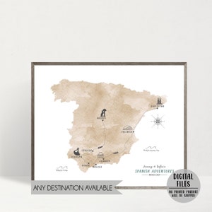 Carte de voyage d'Espagne personnalisée - Carte de l'Espagne personnalisée Road Trip - Carte du pays personnalisée, impression d'Espagne - Cadeau de voyage personnalisé - Carte de l'Espagne illustrée - FICHIER NUMÉRIQUE