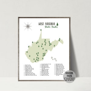 Mapa de los parques estatales de Virginia Occidental para imprimir - Lista de verificación de los parques estatales de Virginia Occidental - Póster con el mapa de los parques estatales de Virginia Occidental - Regalo para excursionistas - Mapa imprimible
