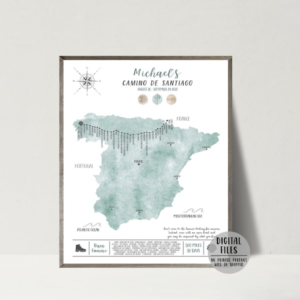 Personalized Camino De Santiago Map-Camino Frances Walking Map-Custom Map Design-St James Way Map-Personalized Pilgrim Gift-DIGITAL FILE