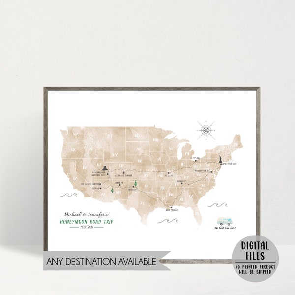 Personalized Usa Road Trip Map-US Travel Map Print-Personalized Map-Personalized Gift For Traveler-Custom Travel Map-Van Trip-DIGITAL FILE