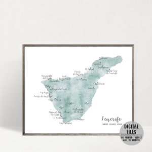 Carte de Ténérife-îles Canaries affiche-carte impression-aquarelle carte affiche-Tenerife Espagne Art mural impression-carte des îles Espagne-carte imprimable