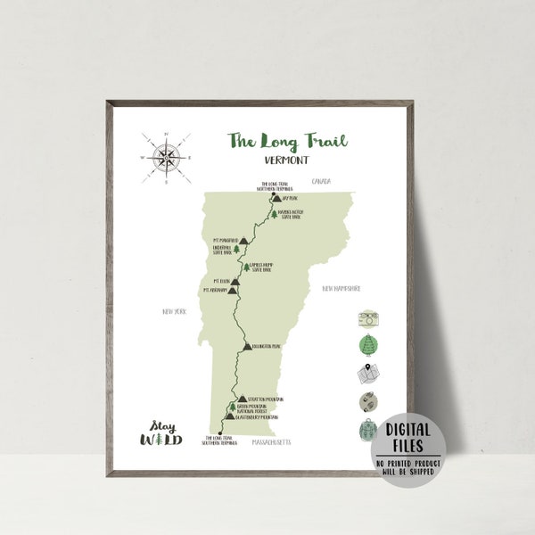 The Long Trail Map-Vermont Long Trail Hiking Map Print-The Long Trail Map Poster-The Long Trail Vermont Map-Gift For Hiker-Printable Map