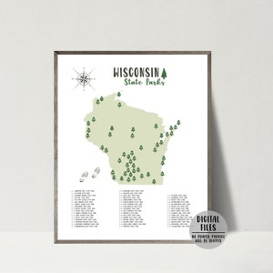 Mapa de parques estatales de Wisconsin - Mapa de parques estatales de Wisconsin - Lista de verificación de parques de Wisconsin - Póster de parques - Impresión de Wisconsin - Regalo para excursionistas - Mapa imprimible