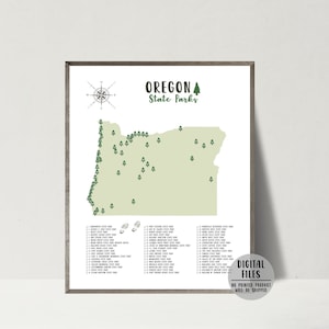 Mapa de los parques estatales de Oregón - Lista de verificación de los parques estatales de Oregón - Póster de los parques estatales de Oregón - Impresión de mapas de aventuras - Regalo de viaje para excursionistas - Mapa imprimible