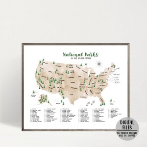 Nationale parken van de VS kaart-63 nationale parken checklist-Amerikaanse nationale parken poster-Amerikaanse nationale parken print-aquarel kaart-afdrukbare kaart