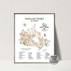 Carte des parcs nationaux du Canada - Carte personnalisée - Liste de contrôle des parcs nationaux - Impression de la carte des parcs nationaux du Canada - Carte aquarelle du Canada - Carte imprimable