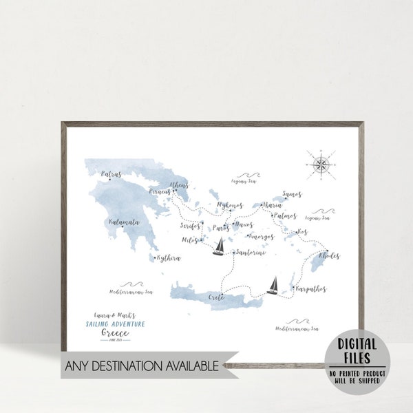 Greece Travel Map-Personalized Greek Islands Map-Custom Country Map Print-Personalized Gift For Traveler-Greece Sailing Map-DIGITAL FILE