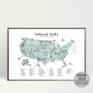 US National Parks Map Checklist-63 National Parks Illustrierte Karte- National Parks Print- US National Parks Icons Print- DIGITAL DATEI