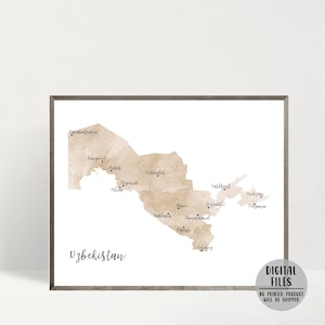 Carte de l'Ouzbékistan-affiche-carte minimaliste de l'Ouzbékistan, impression-carte aquarelle-Ouzbékistan, route de la soie, impression d'art mural-voyageur décoration d'intérieur-carte imprimable