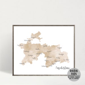 Carte du Tadjikistan-affiche minimaliste du Tadjikistan, carte imprimée-aquarelle-Tadjikistan Pamir art mural impression-cadeau pour voyageur-carte imprimable
