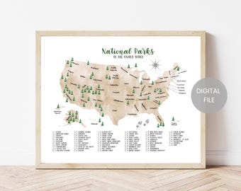USA National Parks Map-63 National Parks Map-US National Parks Checklist-United States National Parks Poster- National Parks Tracker