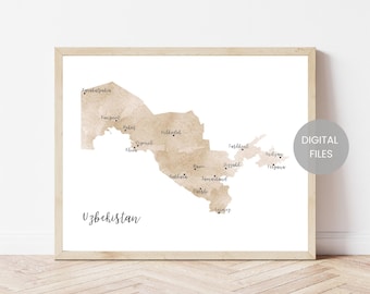 Mappa dell'Uzbekistan - Mappa di viaggio dell'Uzbekistan - Mappa ad acquerello - Stampa artistica da parete dell'Uzbekistan - Poster della mappa dell'Uzbekistan - Regalo a tema mappa per viaggiatori