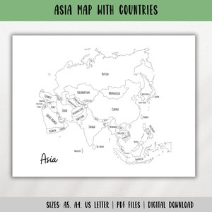 Asien Karte-Asien Karte mit Ländern-Reisebucheinlage PDF-Asien Reiseplaner Seite-Asien Kontinent Travel Tracker-Lernkarte-DIGITALER DOWNLOAD