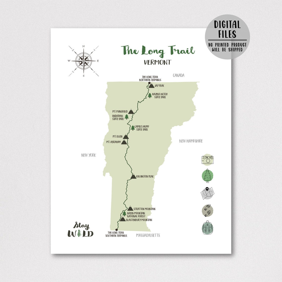 The Long Trail Mapvermont Long Trail Hiking Map Printthe Etsy