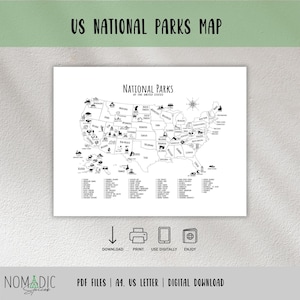 Kaart 63 nationale parken van de Verenigde Staten - Amerikaanse nationale parken checklist checklist - nationale parken tracker - reisplannerpagina - digitale bestanden pdf