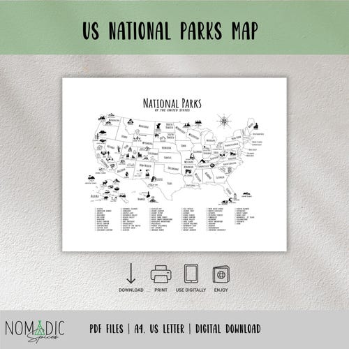 Mapa de los 63 Parques Nacionales de Estados Unidos - Lista de deseos para visitar los Parques Nacionales de EE. UU. - Rastreador de Parques Nacionales - Página de planificación de viajes - Archivos digitales en PDF