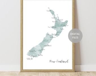 New Zealand Map - New Zealand Travel Map - Watercolor Map of New Zealand - Map Gift - New Zealand Poster - Wall Art Print - Digital Download