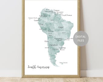 South America Map - South America Travel Map - Wall Art Print- Watercolor Map Poster - South America Map With Countries - Map Gift