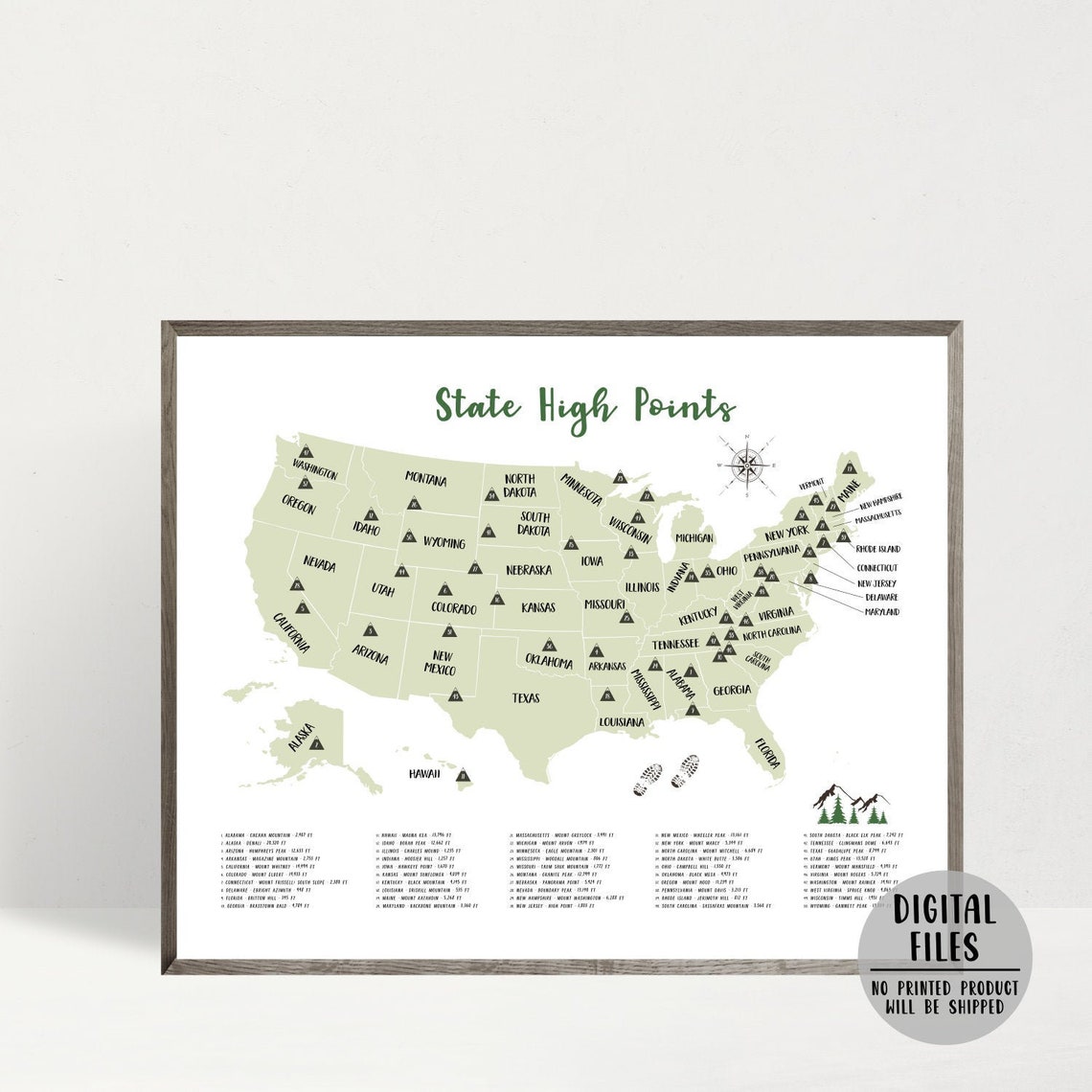 State High Points Map-usa State Peaks-state Highest Peak - Etsy