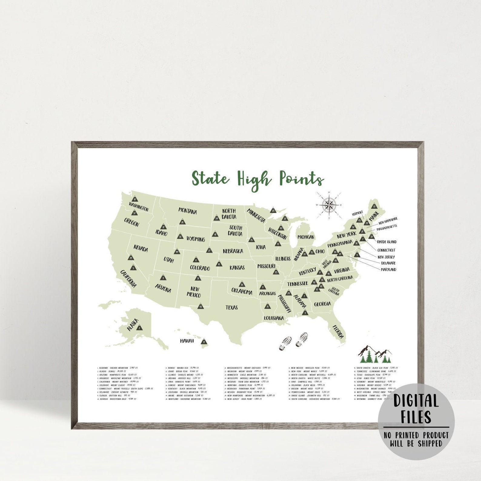 State High Points Map-usa State Peaks-state Highest Peak Map-50 States ...