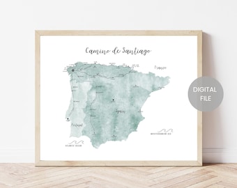 Camino De Santiago Map - St James Way Map - Camino Hiking Map Print - Camino Walking Map Poster - Gift For Pilgrim - Santiago de Compostela
