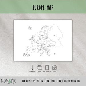 Carte de l'Europe avec les pays - Planificateur de voyage - Page de livre de voyage - Carte muette de l'Europe au format PDF - Suivi des voyages en Europe - Fichiers numériques