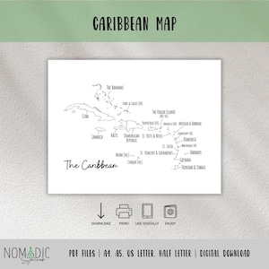 Caribbean Islands Map-Caribbean Map With Countries-Caribbean Islands Travel Tracker-Travel Planner Page PDF-Outline Map-Digital Files