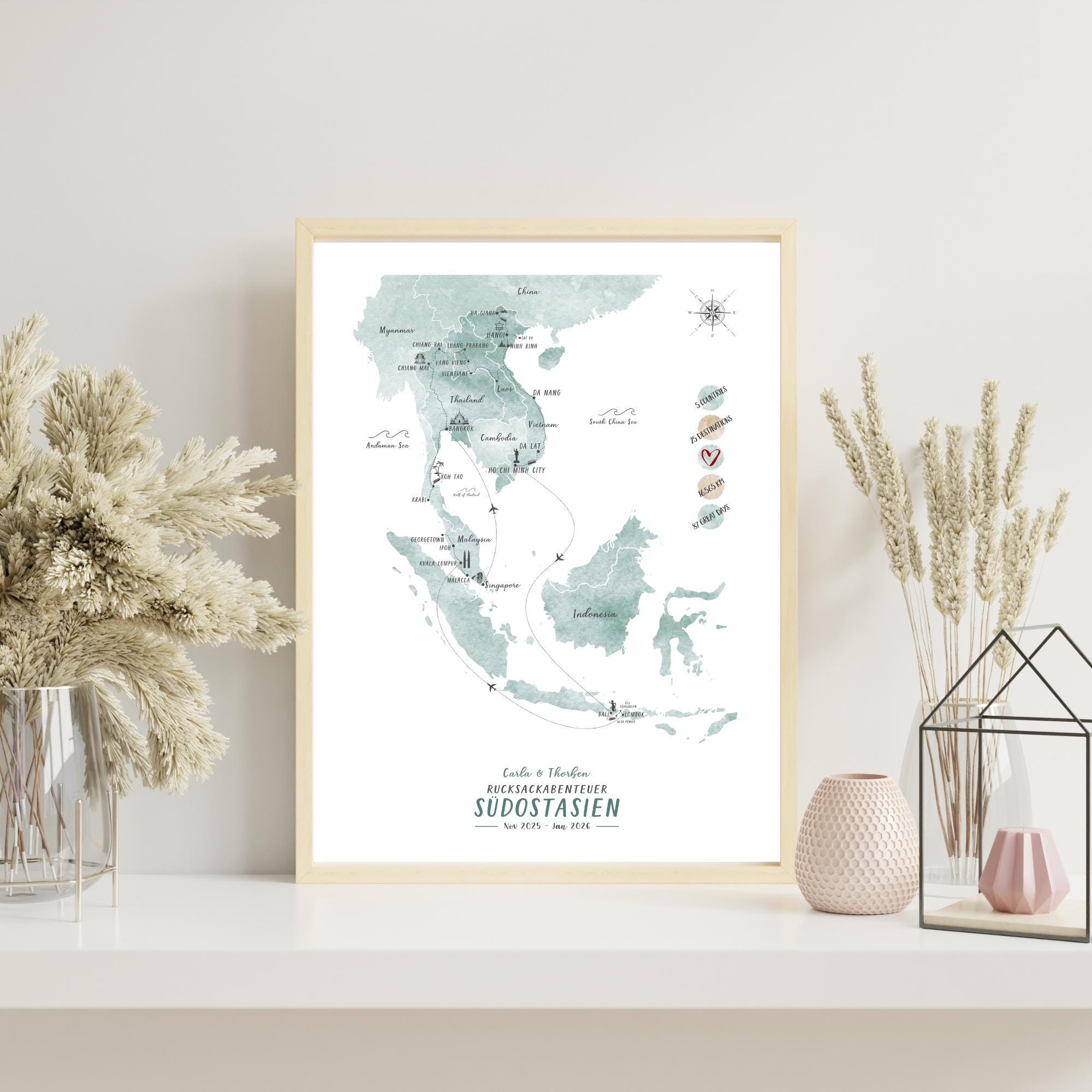 Personalized Travel Map - Southeast Asia Backpacking Map - Custom ...