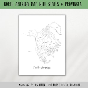 Nordamerika Karte-Beschriftete Karte von Amerika-Umriss Karte-Reise-Tracker-Karte Ausmalseite-Reiseplaner Einsatz-Lernkarte-DIGITAL DOWNLOAD