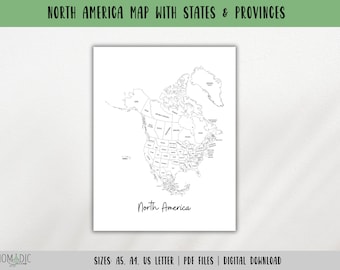 North America Map-Labeled Map of America-Outline Map-Travel Tracker-Map Coloring Page-Travel Planner Insert-Learning Map-DIGITAL DOWNLOAD